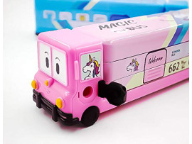 SillyMe Double Decker Bus Shaped Pencil Box with Wheels and Sharpener (Metal)) (Pink)